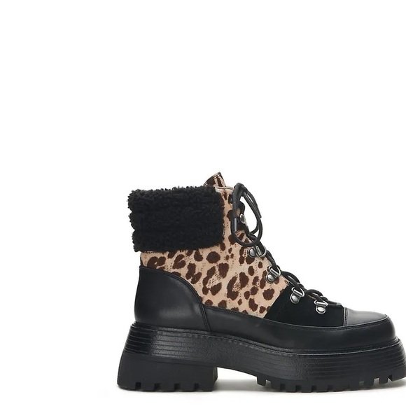 Vince Camuto Mertami Combat Lace Up Boot Black Brown Leopard Leather Cow Fur 6.5 - Picture 4 of 14